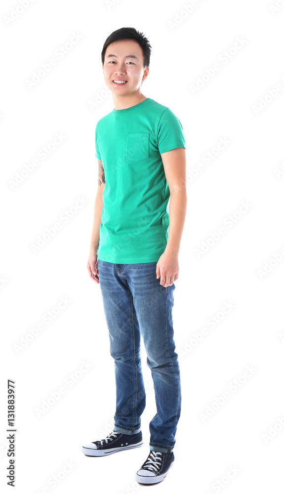Asian man in blank green t-shirt on white background Asian man in blank green t-shirt on white background