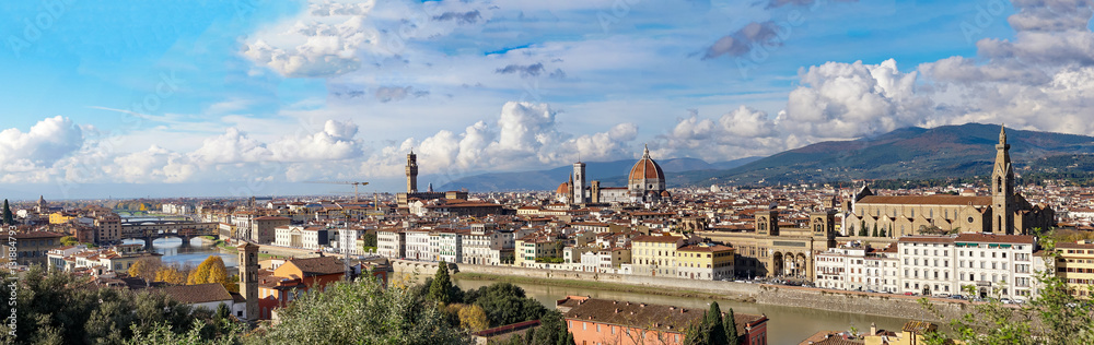 Italy. Florence. Panoramic view from Piazzale Michelangelo. Florence is the ancient city of the Italian region of Tuscany and of the Metropolitan City of Florence, on the banks of the River Arno.