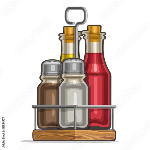 Vector Set glass Shakers for salt and pepper, metal holder bottles with cork olive oil, red wine vinegar, classic rack for containers of condiments, wooden tray of shaker saltcellar 3/4 view on white.