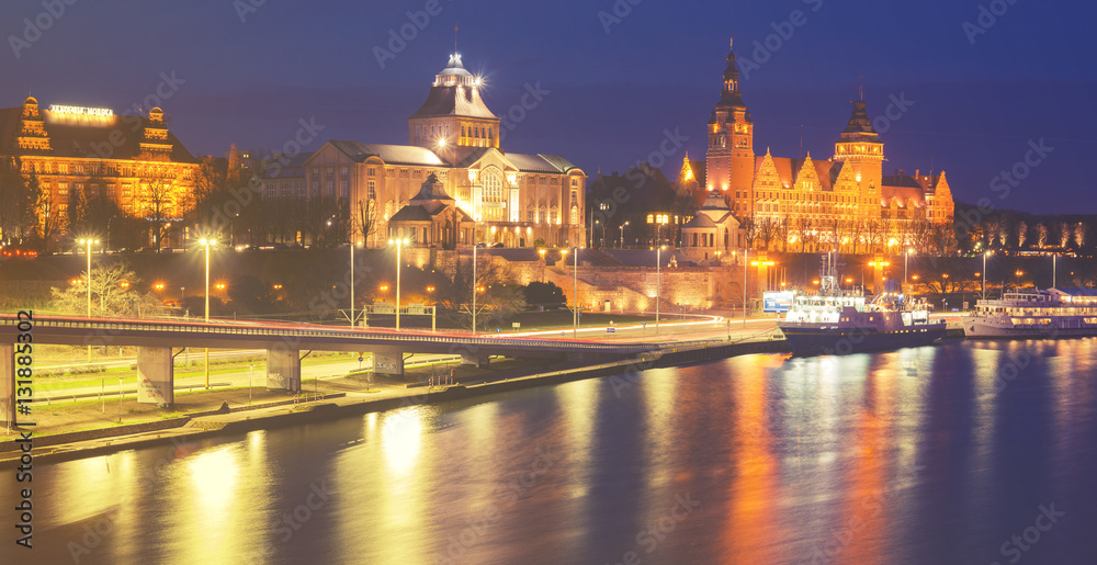 Night panorama of Old Town in Szczecin (Stettin) City