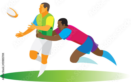 attacking rugby player tries to run away from the defender