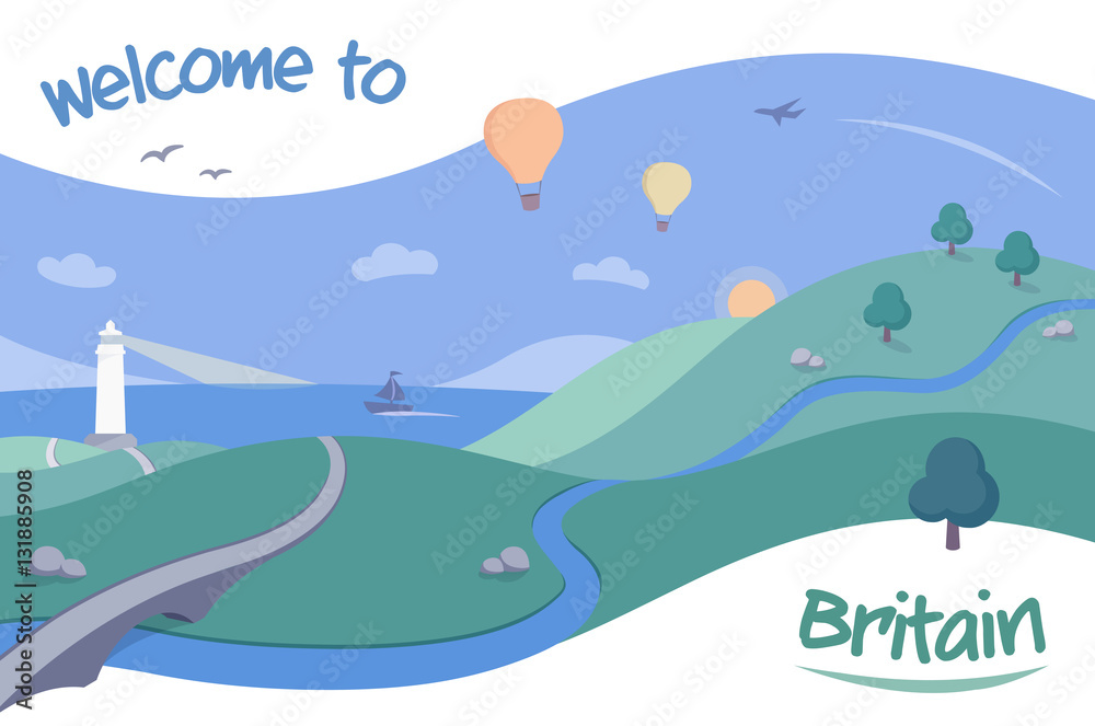 Illustration for British Tourism – a landscape with hot air balloons flying over the British rural scenery, in the style of a retro postcard or poster.