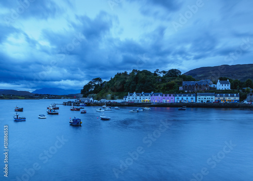 UK, Scotland, Highlands, Isle of Skye, Twilight view of Portree.