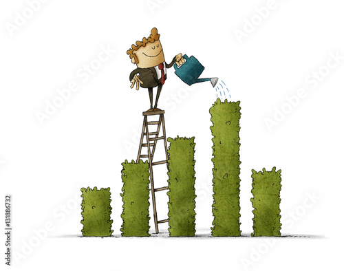 Business man Watering a plant shaped like a bargraph