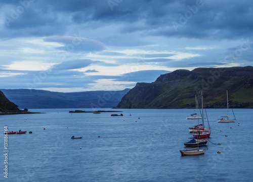 UK, Scotland, Highlands, Isle of Skye, Twilight view of the Loch Portree.