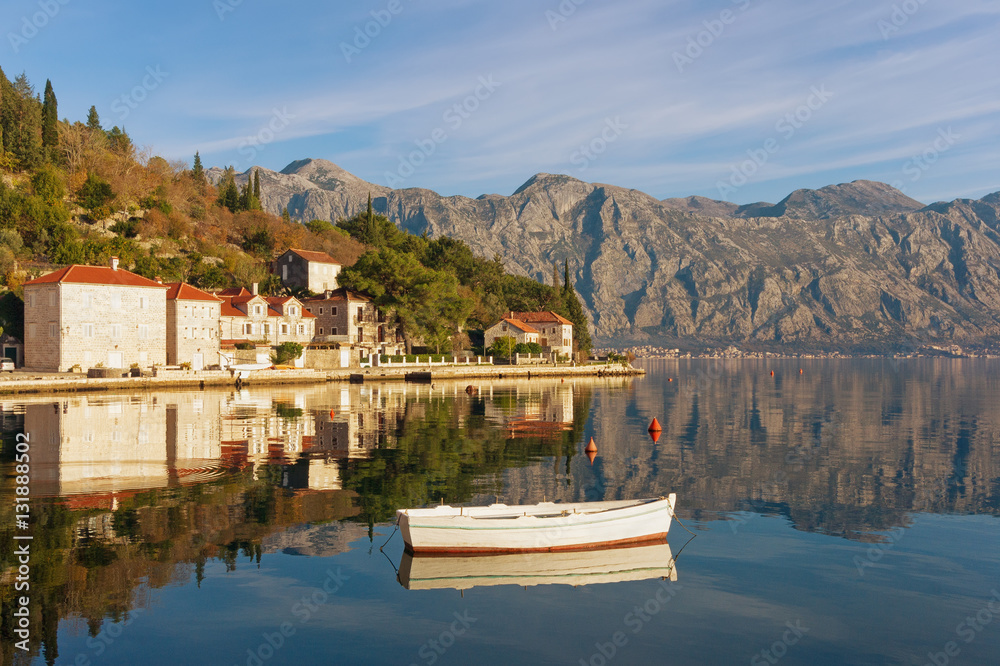 View of the medieval town of Perast on a sunny winter day. Bay of Kotor, Montenegro
