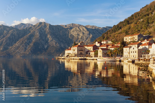 View of Perast town on a sunny winter day. Bay of Kotor, Montenegro