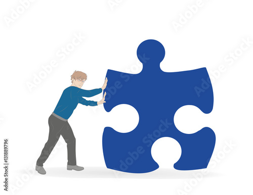 man pushes a part of the puzzle. vector illustration.