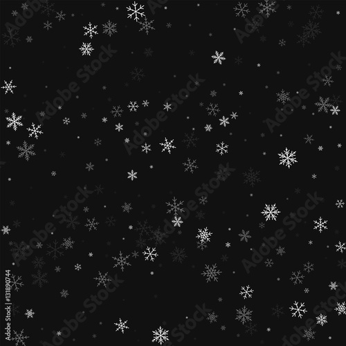 Sparse snowfall. Scatter horizontal lines on black background. Vector illustration.