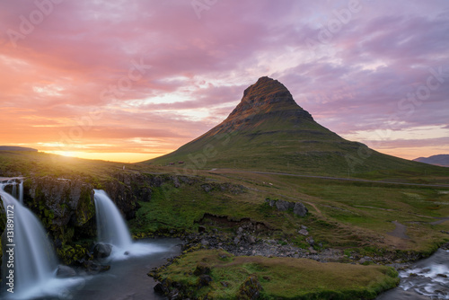 Kirkjufellsfoss and kirkjufell at sunset 