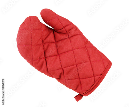 Kitchen red potholder in the form of gloves isolated on white ba photo