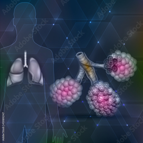 Lungs and alveoli on an abstract hexagon dark background