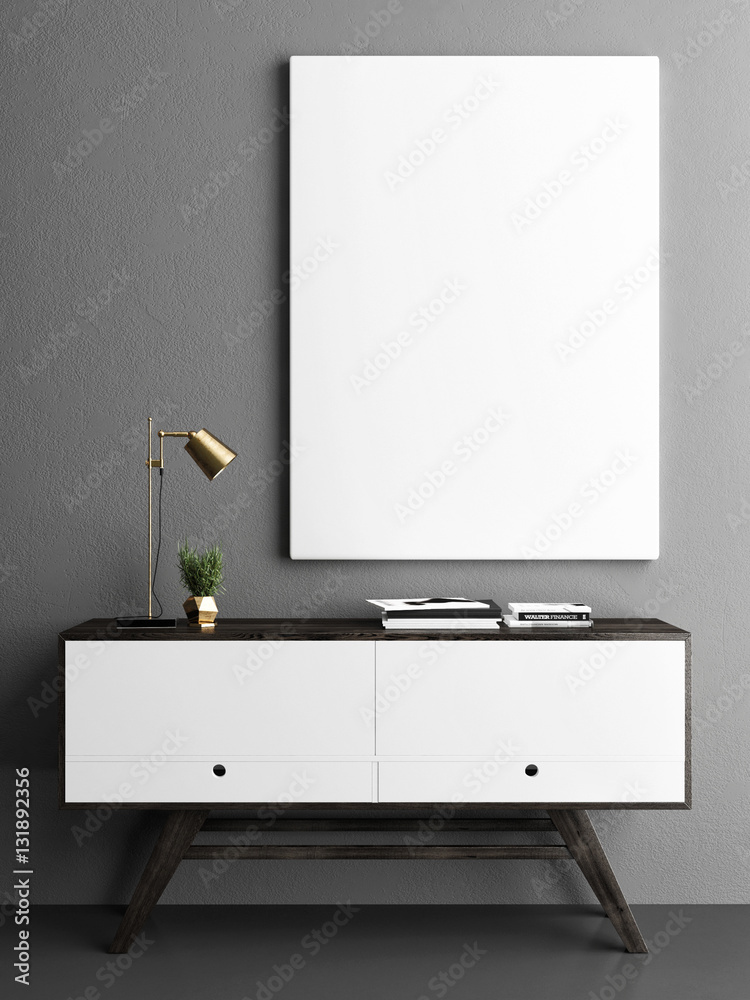 Mock up poster frame with on retro chest of drawers, hipster interior background, 3D render, 3D illustration