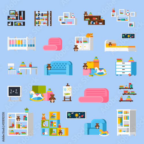 Baby Room Furniture Flat Decorative Icons
