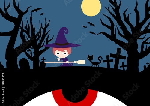 Halloween clipart of a witch girl and a cat exploring the woods at night unaware of something staring at them