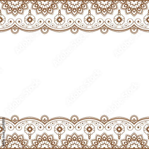 Indian, Mehndi Henna brown line lace element with flowers pattern card for tattoo on white background