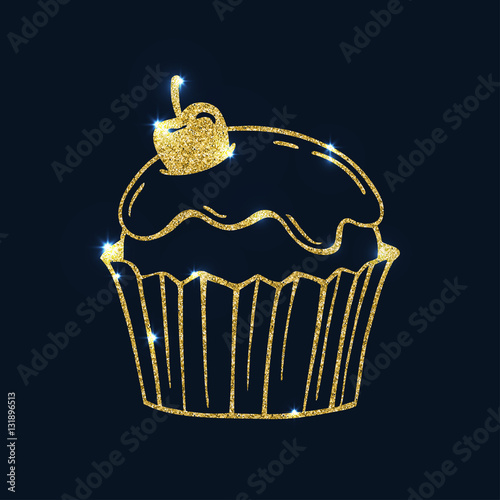 Shining glitter textured cupcake with frosting and cherry.