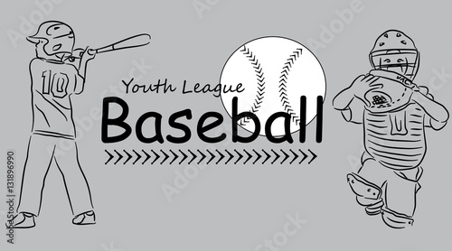 Youth league baseball logo vector text with baseball and stitching.  Young boy or child batting and catching positions simple line art sketch