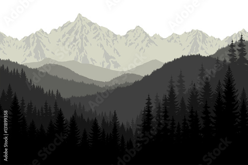 Grey mountains forest retro vintage vector background illustration.