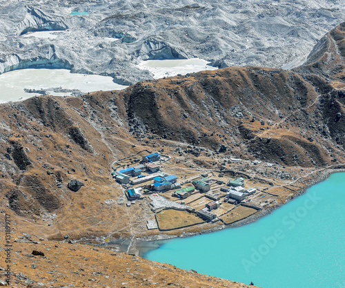 The view from the Gokyo Ri in the glacier, village, and the third lake (Dudh Pokhari) - Nepal photo