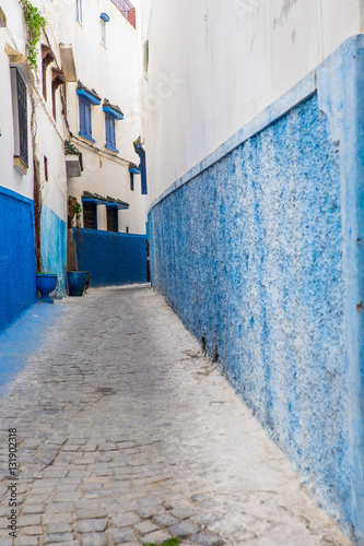 Africa,North Africa,Morocco,Rabat,Sale, Kasbah des Oudaias , small narrow streets and neighborhood famous for its vivid blue walls in its “old town” sector. © Emily_M_Wilson