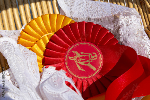 Award rosettes in equestrian sport with red and yellow colors