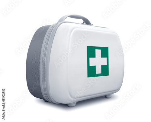 First aid kit with green cross logo on white background, diagonal view photo