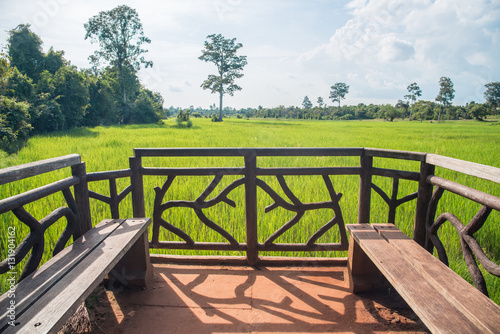 The balcony terraces on rice field in the area of Banteay Srei temple in Siem Reap, Cambodia.