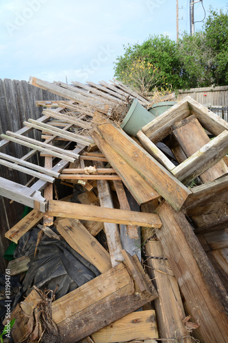 Construction debris after home remodel demolition on patrio deck