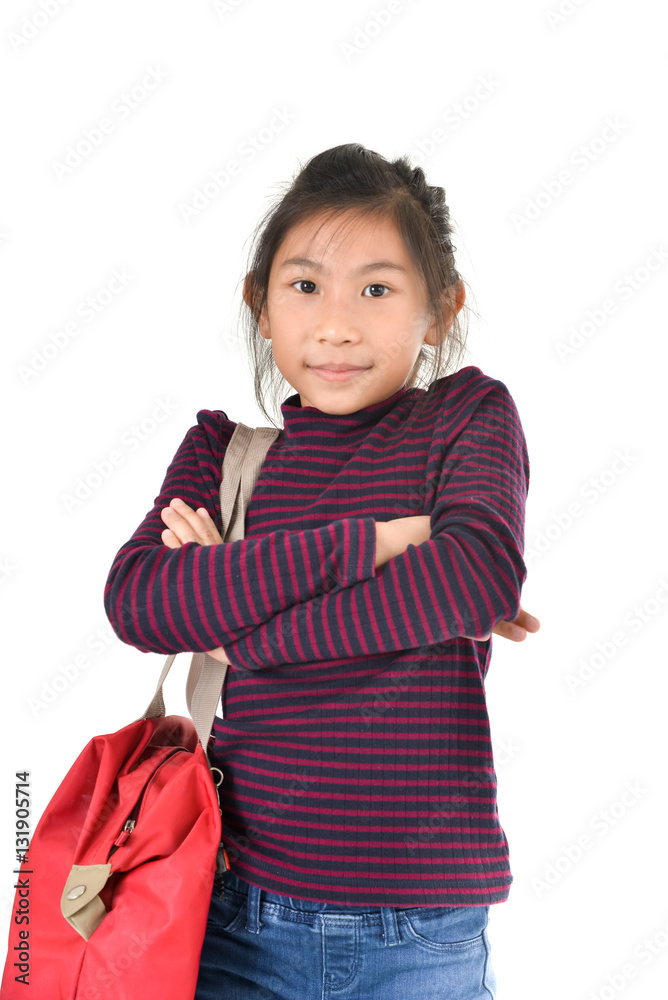 Asian girl holding red bag over white background Asian girl holding red bag over white background
