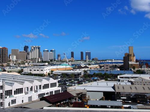 Aerial view of the Honolulu Port and downtown skyline