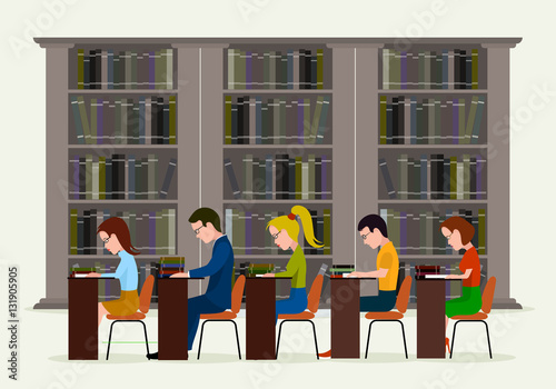 People in library. Concept of education. Reading in library a vector illustration.