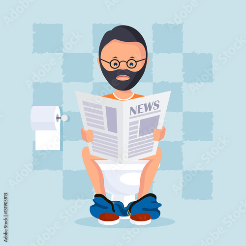 Person in the toilet room sitting on a toilet bowl reads a morning paper. 