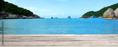 sea beach and landscape with wood terrace photo