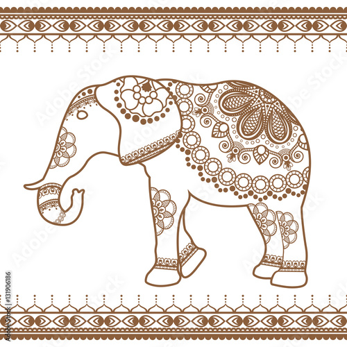 Elephant with border brown elements in ethnic mehndi style. Vector brown and white illustration isolated
