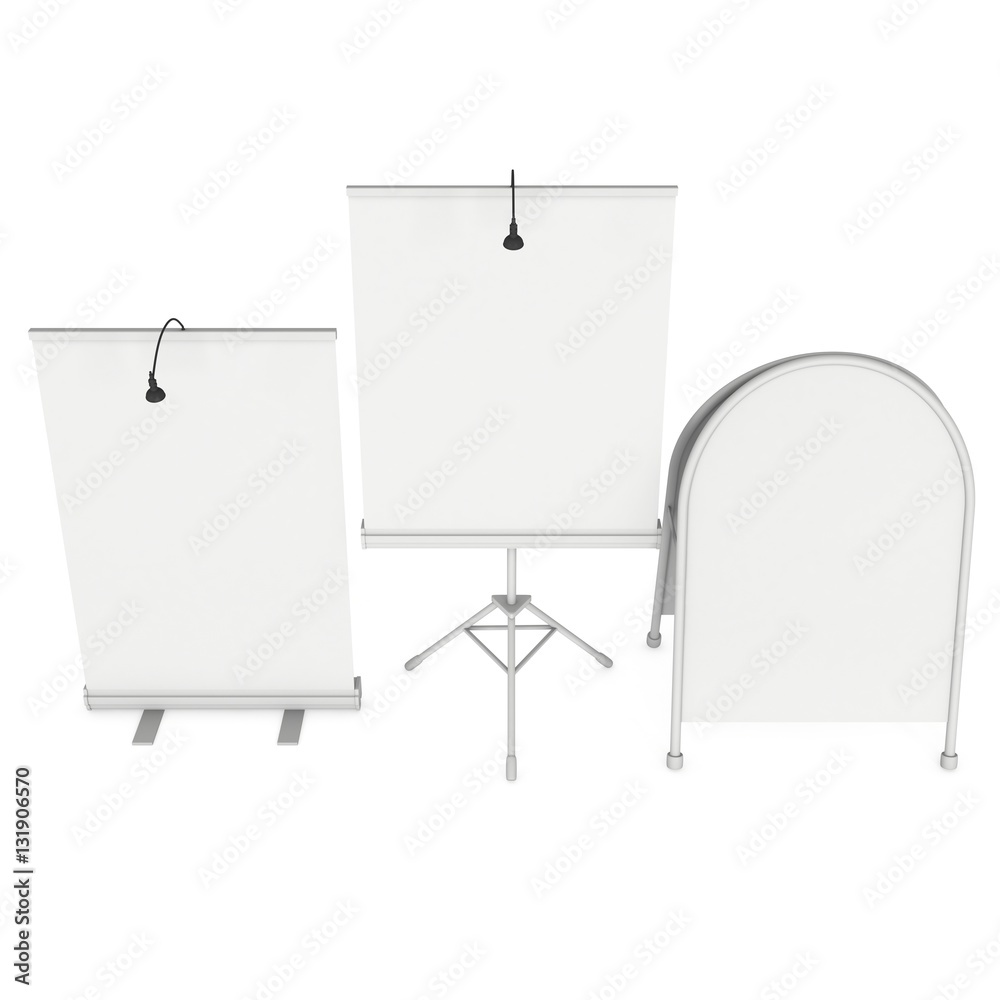 Blank Roll Up Expo Banner Stand Group and Sandwich board. Trade show booth white and blank. 3d render illustration isolated on white background. Template mockup for your expo design. Blank Roll Up Expo Banner Stand Group and Sandwich board. Trade show booth white and blank. 3d render illustration isolated on white background. Template mockup for your expo design.
