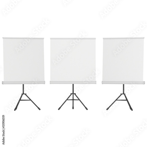Blank Roll Up Expo Banner Stands Group on Tripod. Trade show booth white and blank. 3d render illustration isolated on white background. Template mockup for your expo design.