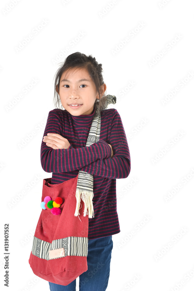 Asian girl holding red fabric bag over white background Asian girl holding red fabric bag over white background