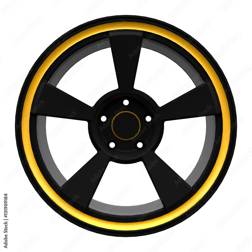 Fototapeta premium Black aluminum cast disk from a sports car with a yellow fringing (3D model)
