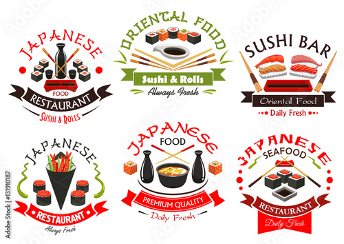 Japanese cuisine seafood signs, emblems set