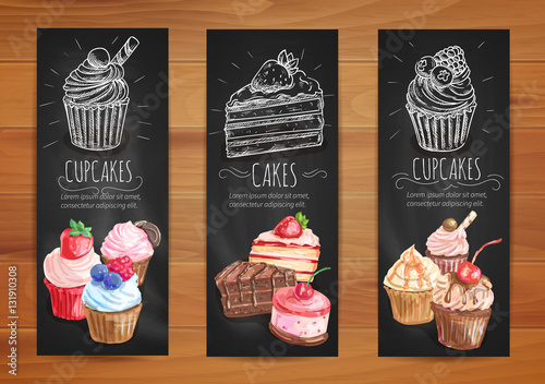 Cake, cupcake, fruit dessert menu posters design