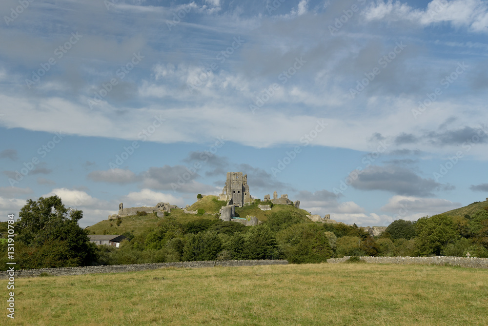 View over fields to Corfe Castle above graveyard, Dorset View over fields to Corfe Castle above graveyard, Dorset