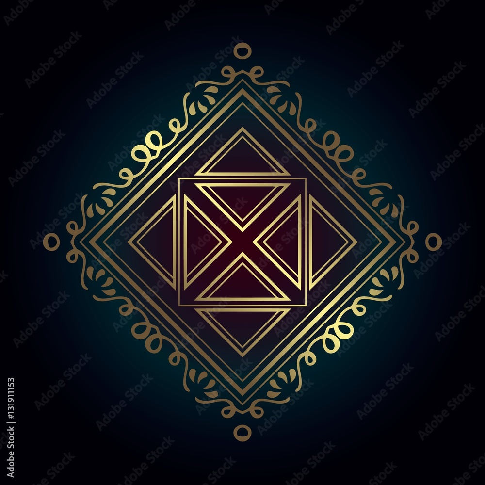 abstract geometric gold monogram pattern in the diamond-shaped decorated with florid lines