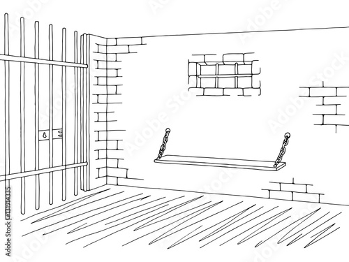 Prison jail interior graphic black white sketch illustration vector