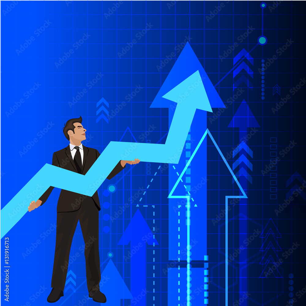 Young businessman holding arrow going up. Successful businessman with growth graph.