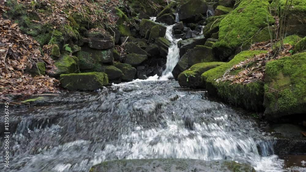 Cleddon Falls waterfall on the River Wye is a designated Area of Natural Beauty (AONB ) in Wales in the UK. Water cascades over layers of rock on an overcast day with brown autumn leave on the ground. Cleddon Falls waterfall on the River Wye is a designated Area of Natural Beauty (AONB ) in Wales in the UK. Water cascades over layers of rock on an overcast day with brown autumn leave on the ground.