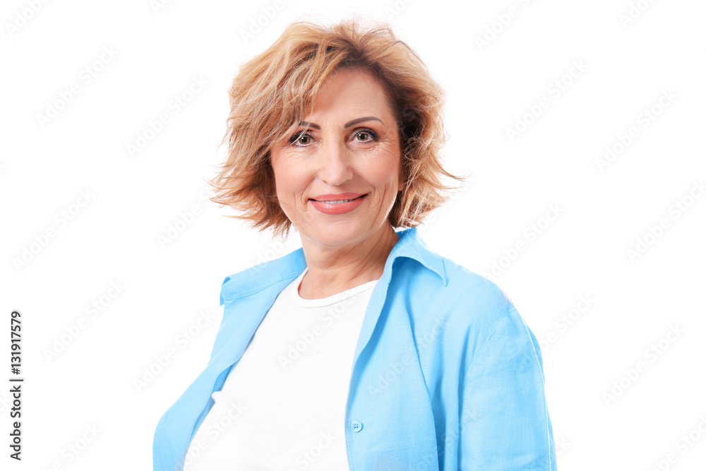 Portrait of beautiful middle-aged woman on white background Portrait of beautiful middle-aged woman on white background