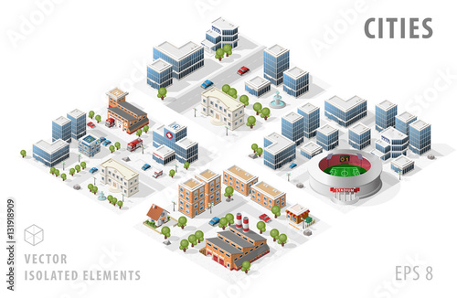 Set of Isolated Isometric Realistic City Maps. Elements with Shadows on White Background.