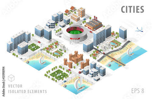 Set of Isolated Isometric Realistic City Maps. Elements with Shadows on White Background.