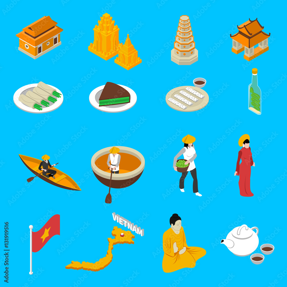 Vietnam Touristic Attractions  Isometric Icons Collection  